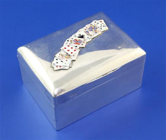 A late Victorian silver and enamel playing card box and cover by Stokes & Ireland Ltd, gross 5.5 oz.